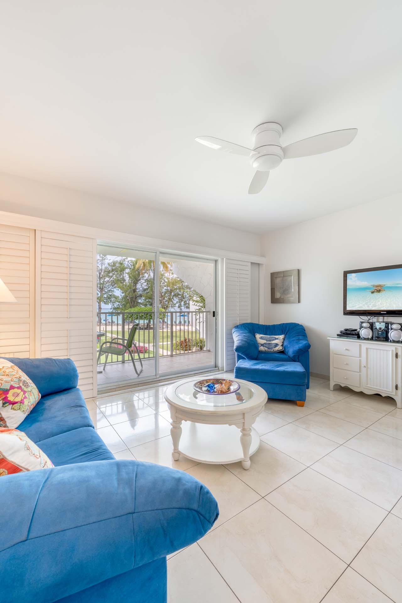 Living Room in VOG unit 7, Seven Mile Beach Condo Rental