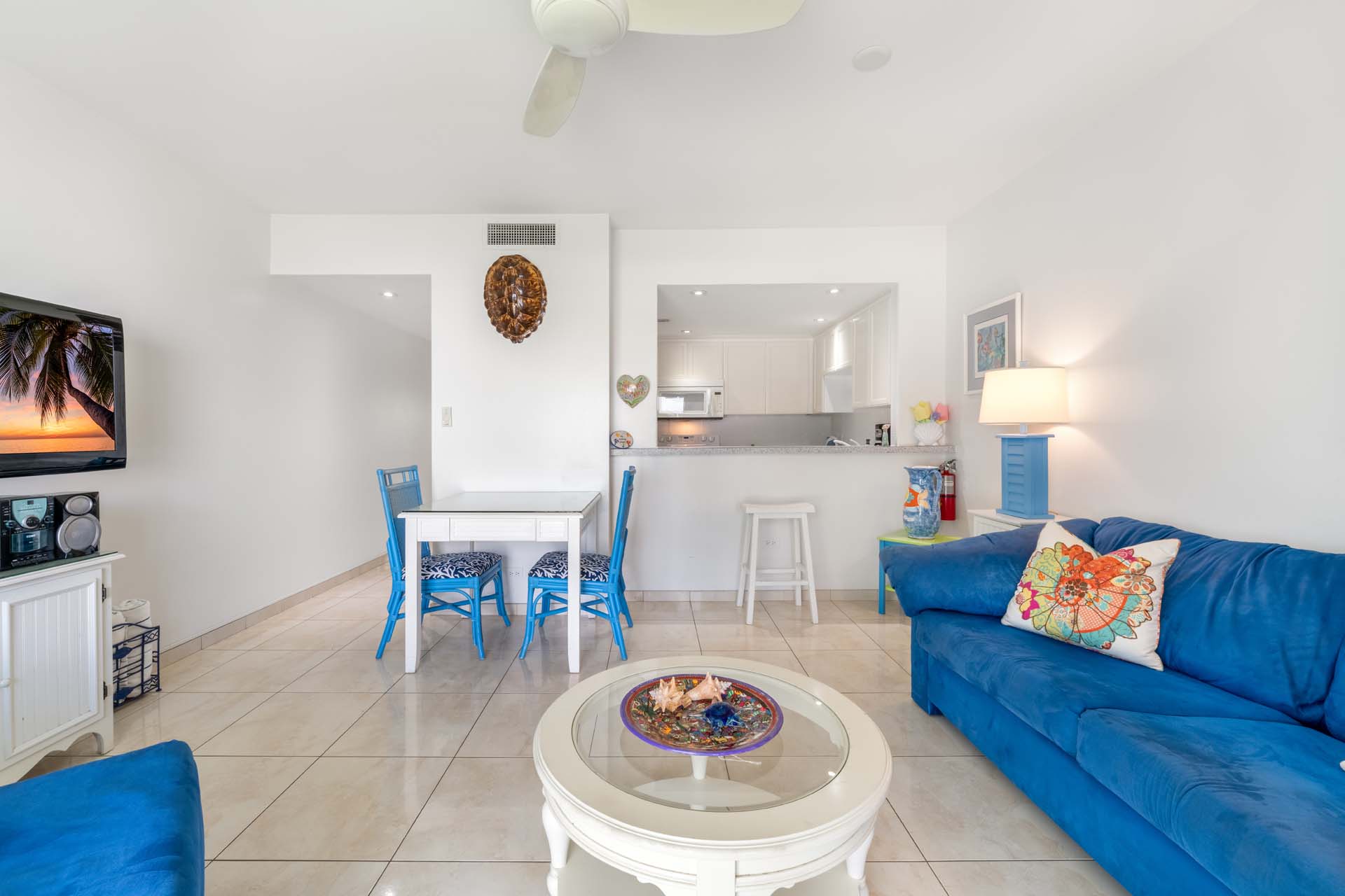 Living Room in VOG unit 7, Seven Mile Beach Condo Rental