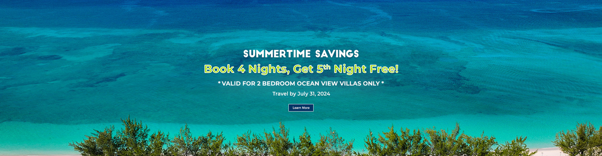 Summer savings banner for pay for 4 , stay 5 nights promo